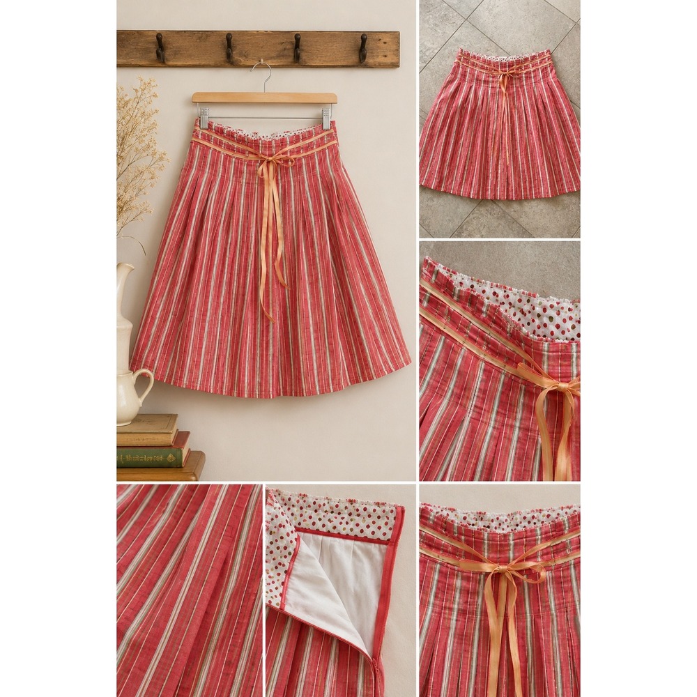Old Navy Retro Pleated A-Line Skirt Red Stripe Rockabilly Twee Cottagecore Sz 12